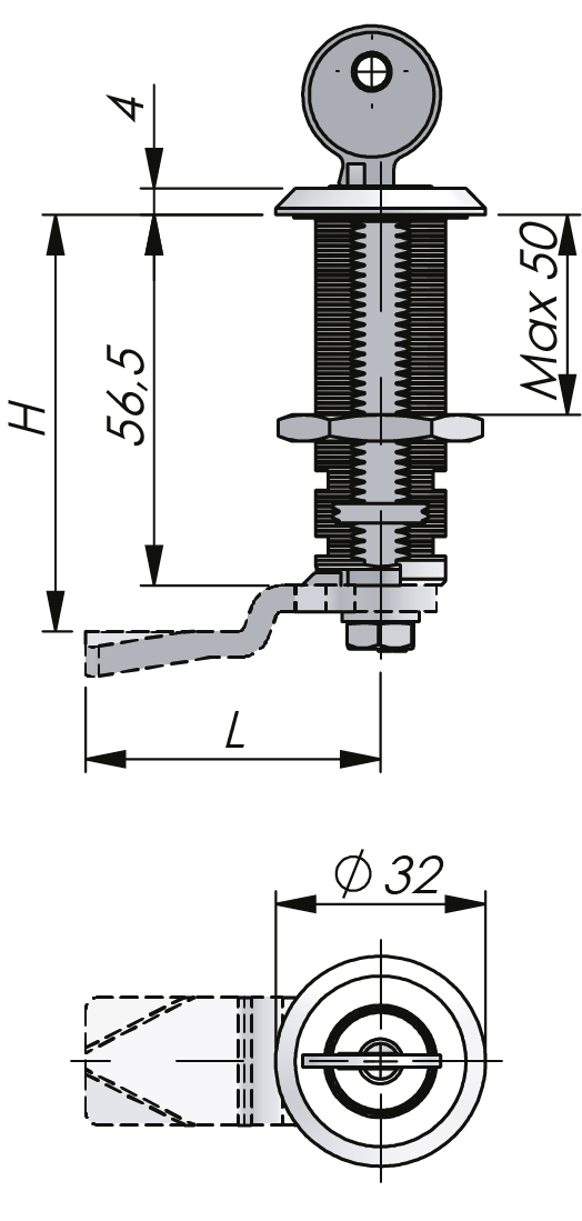 Cerradura de cuarto de vuelta con cilindro de llave - 56.5 mm Cerradura de cuarto de vuelta con cilindro de llave - 56.5 mm