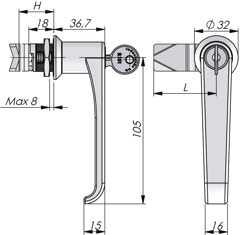 Poignée quart de tour en L 18 mm Poignée quart de tour en L 18 mm