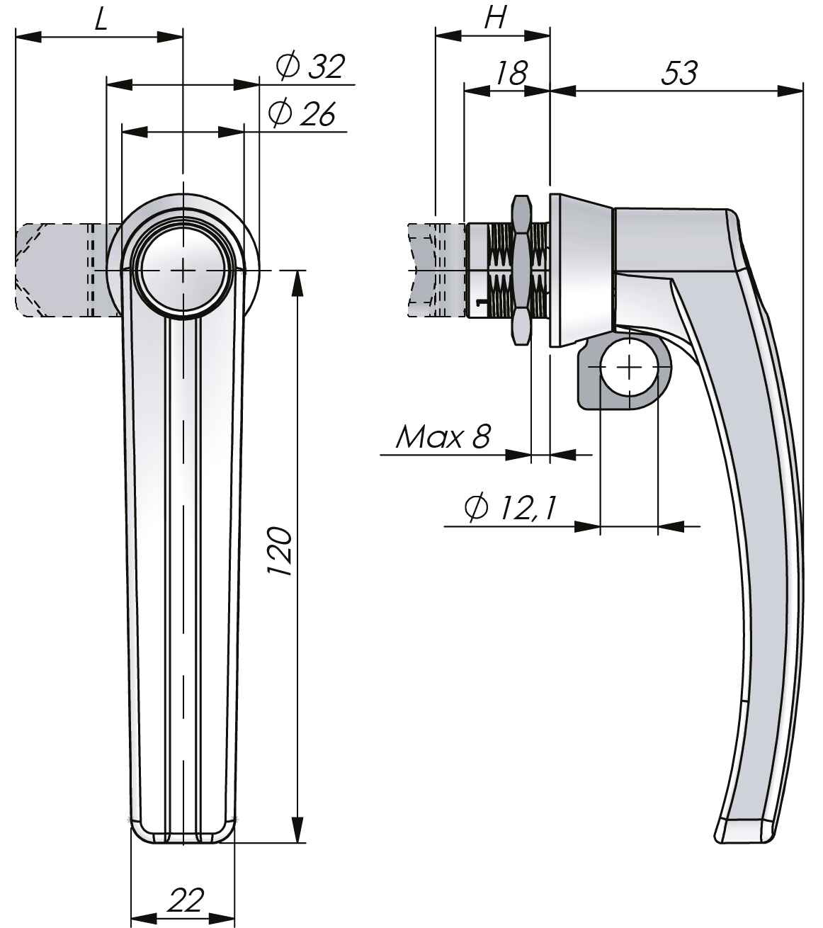 Drehriegelverschluss mit L-Griff 18 mm Drehriegelverschluss mit L-Griff 18 mm