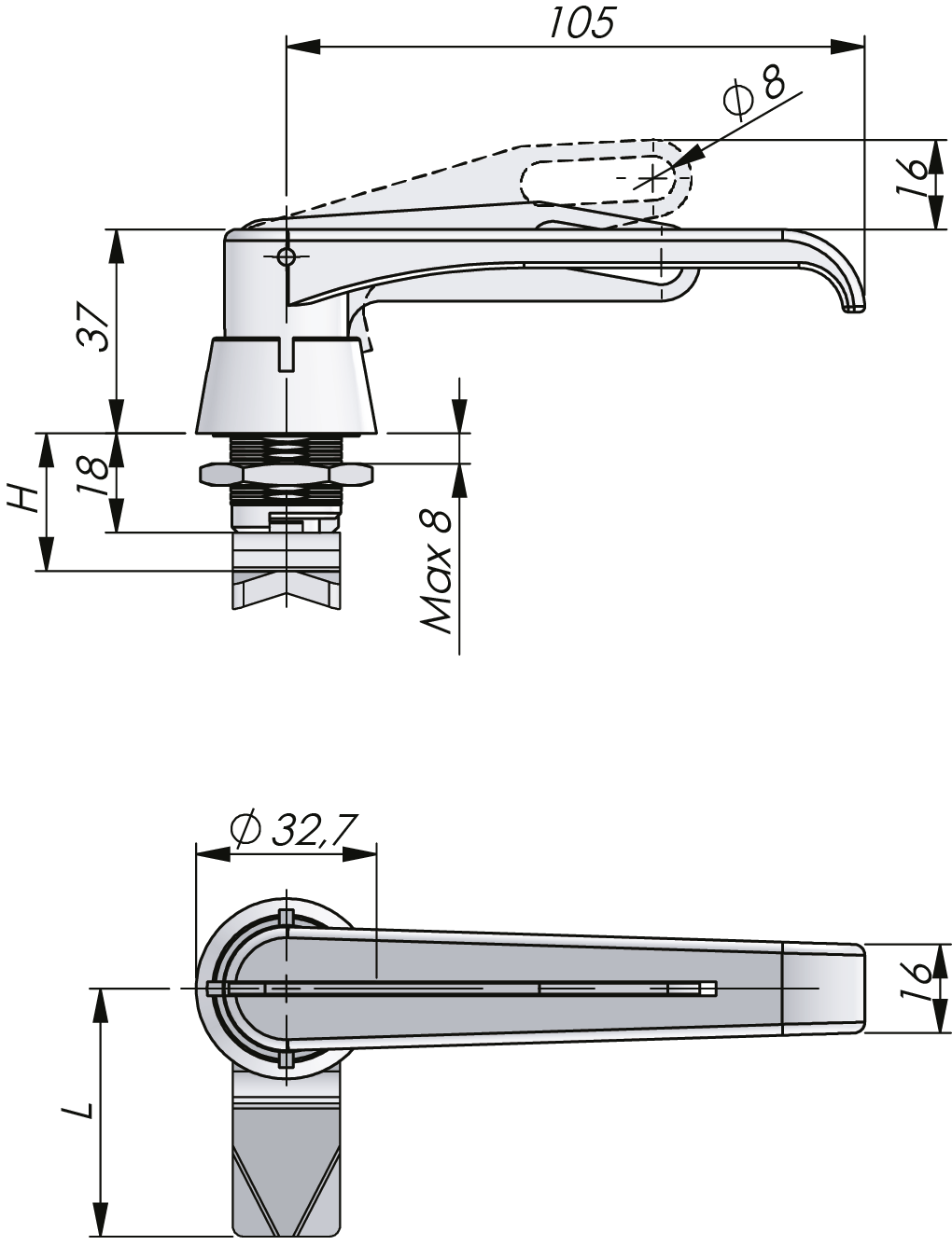 Poignée en L quart de tour Poignée en L quart de tour