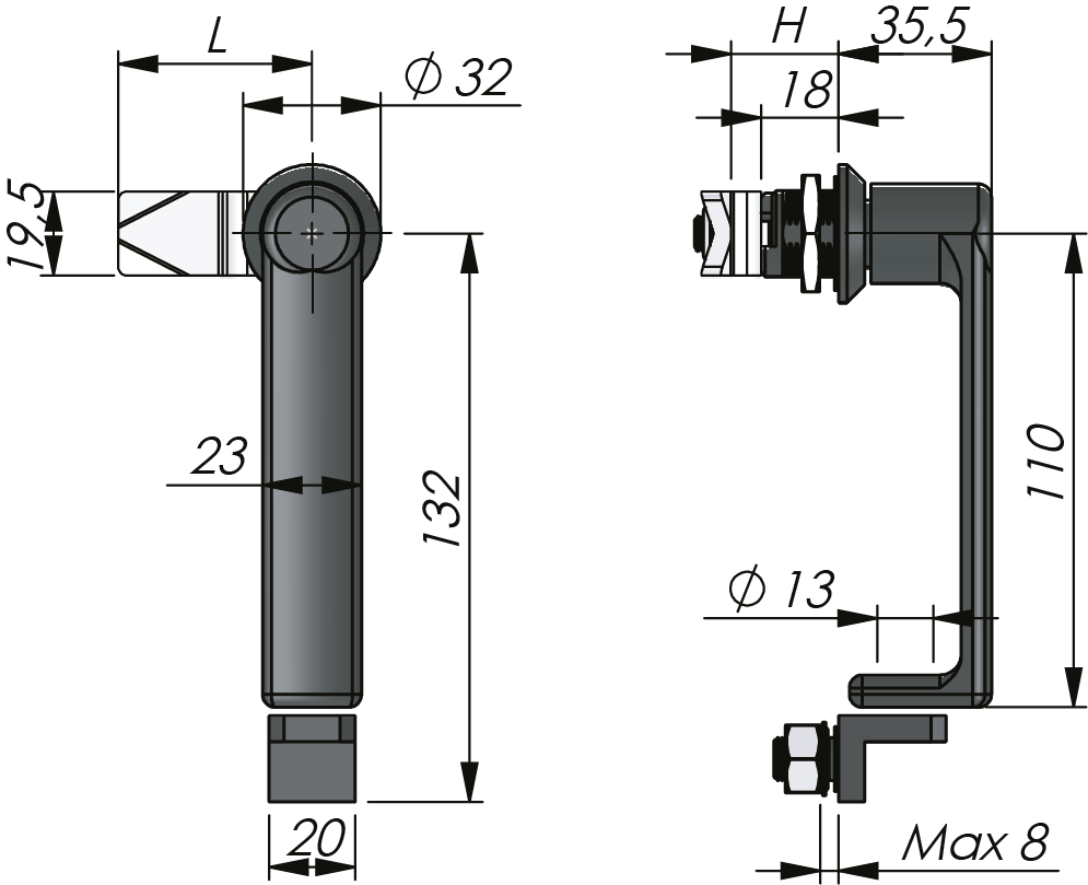 Poignée quart de tour en L 18 mm Poignée quart de tour en L 18 mm