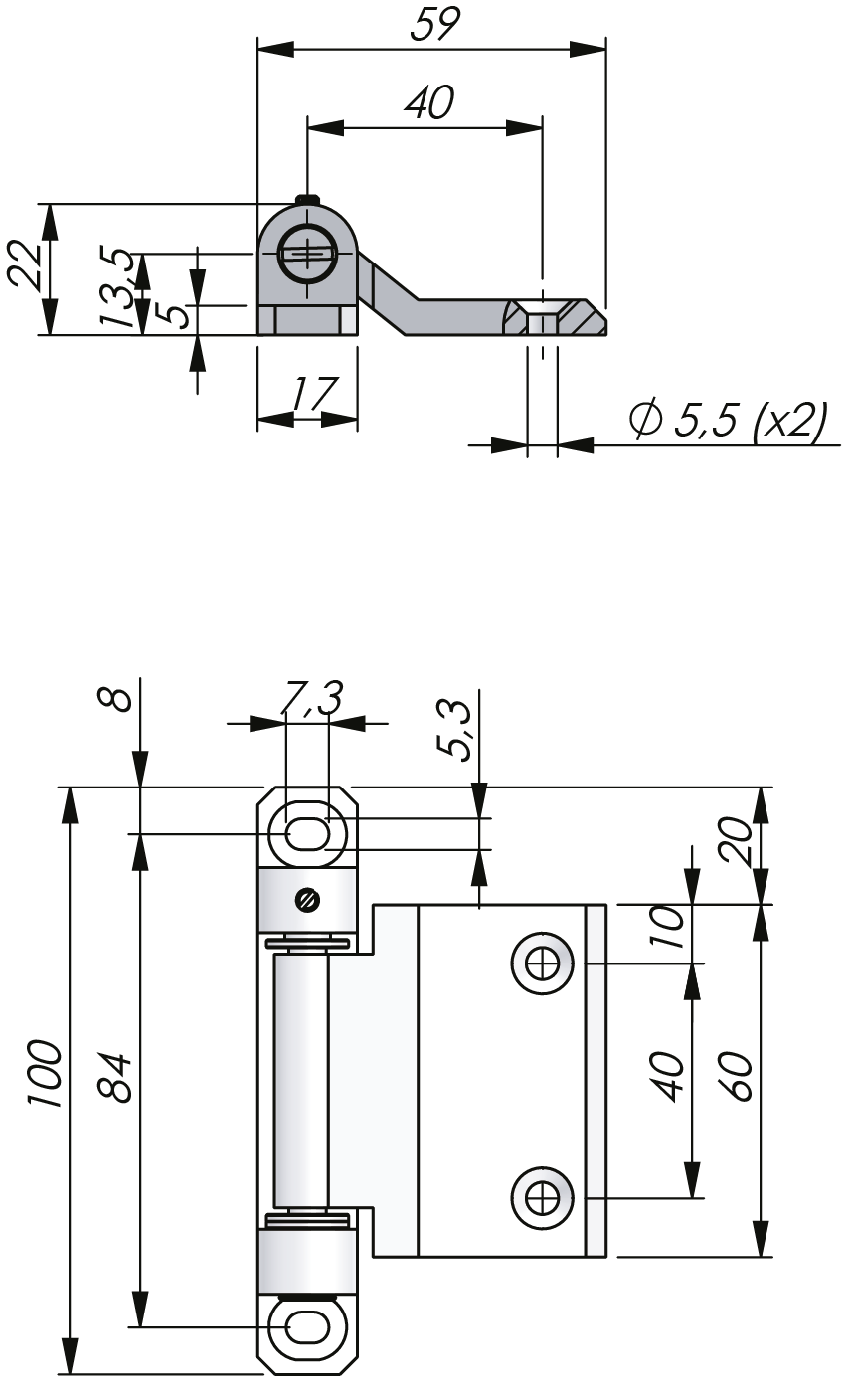 Bisagra 2D externa ajustable 180° Bisagra 2D externa ajustable 180°