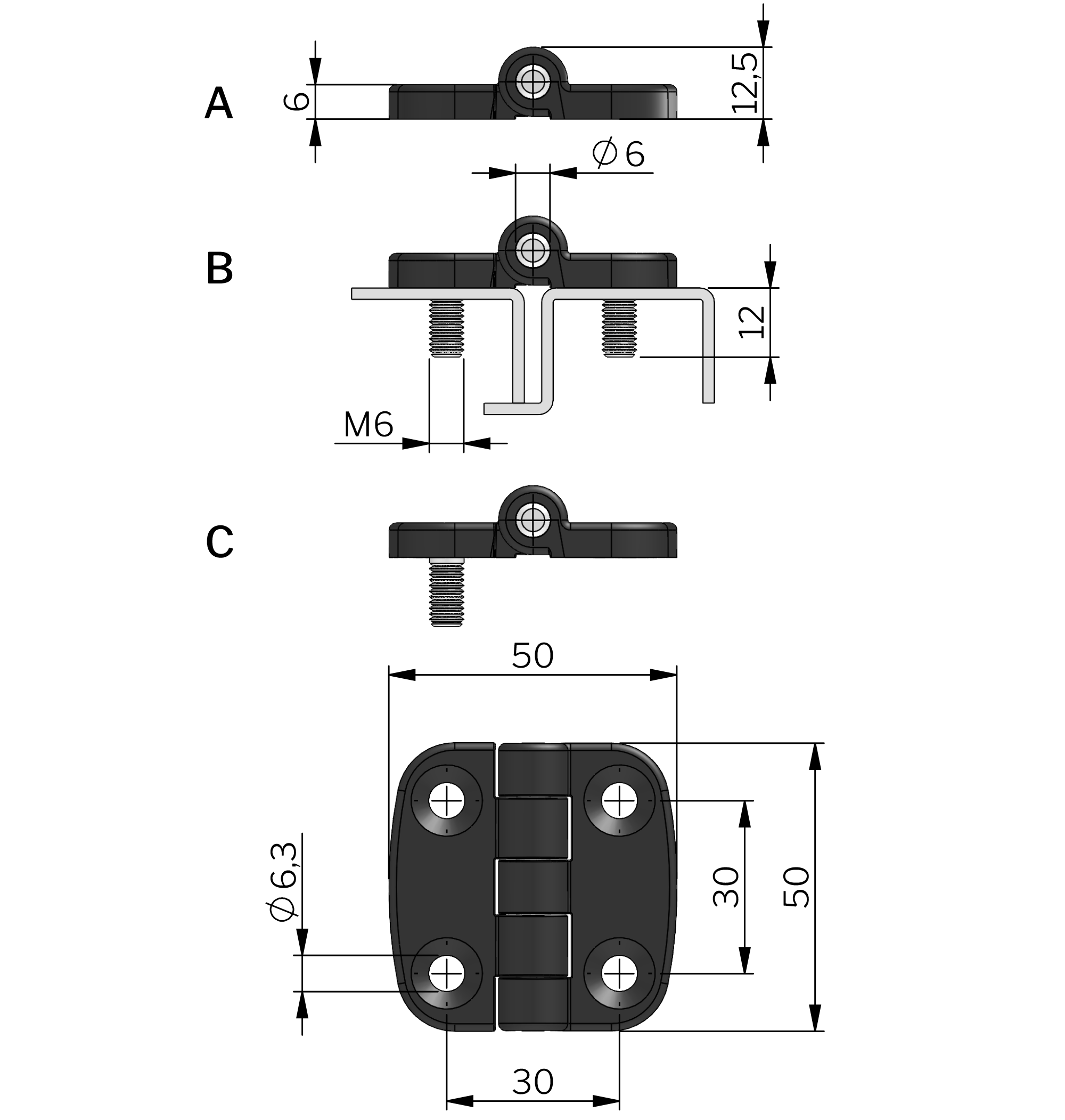 Utvändigt gångjärn, 50 × 50 mm, 180° Utvändigt gångjärn, 50 × 50 mm, 180°