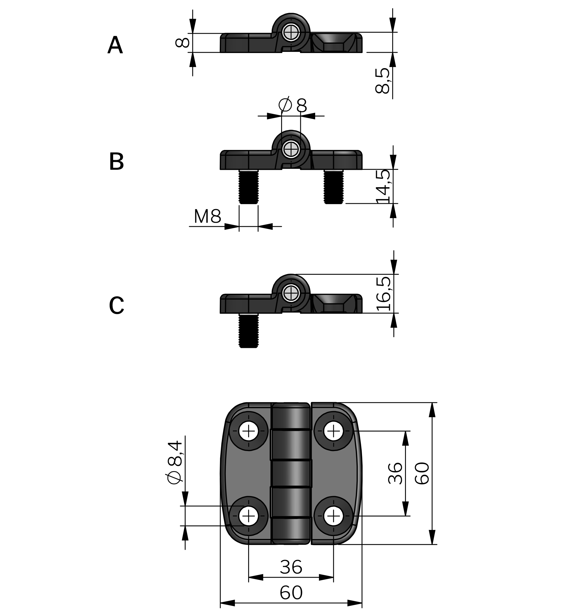 Dobradiça Plana Externa 60x60mm 180° Dobradiça Plana Externa 60x60mm 180°