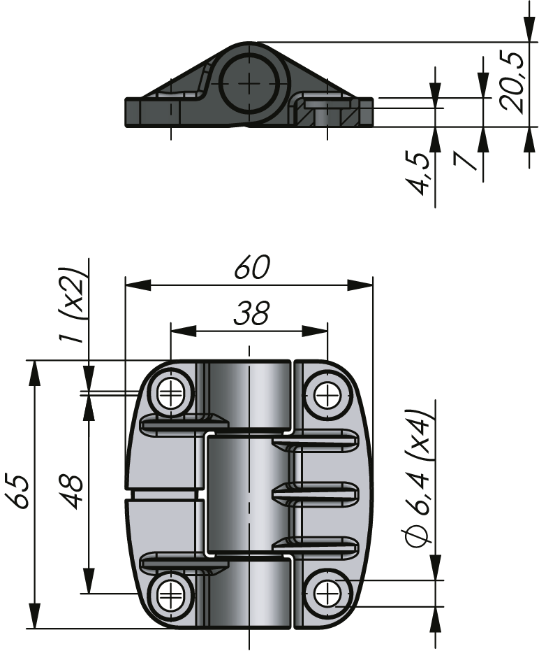 Utvändigt friktionsgångjärn, 65 × 60 mm, 180°