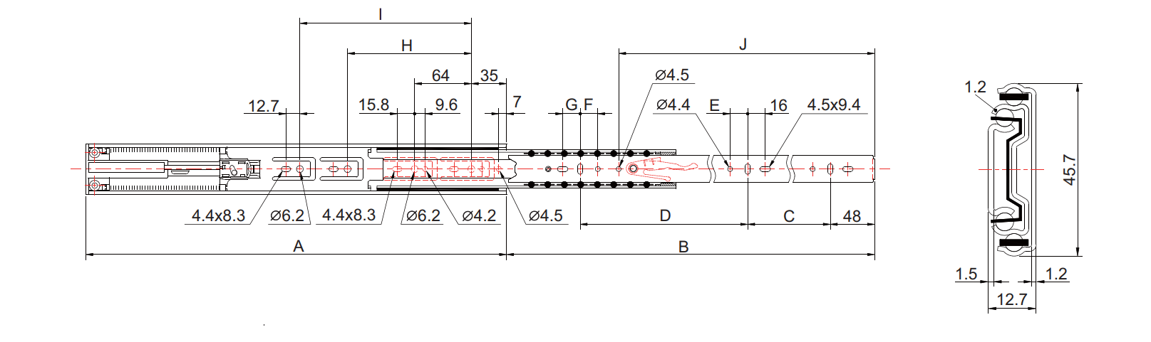 Drawer slide 3-part with soft closing 45 mm
