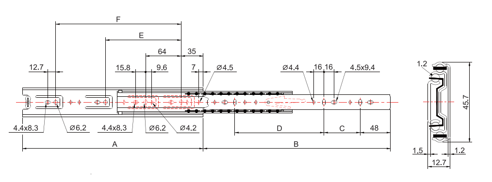 Drawer slide 3-part 45 mm Stainless steel