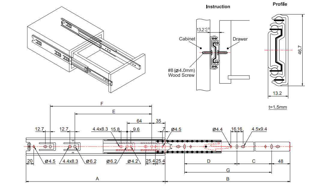Drawer slide 3-part 46 mm