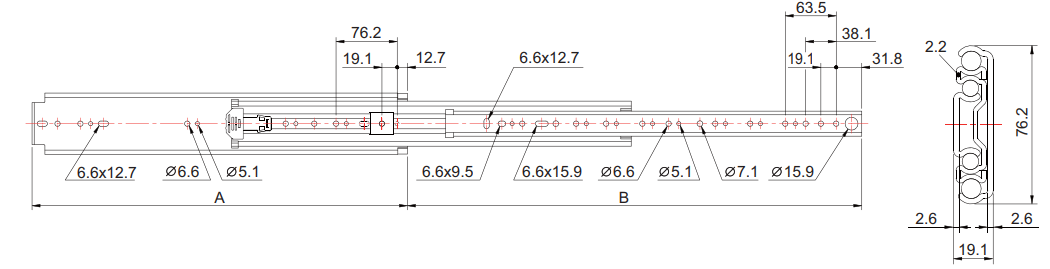 Drawer slide 3-part 76 mm