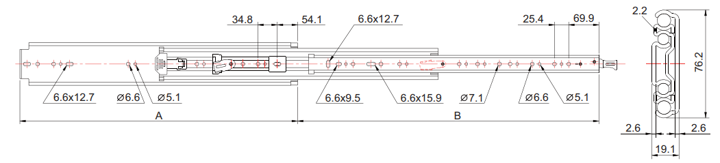 Drawer slide 3-part lock-in - lock-out 76 mm