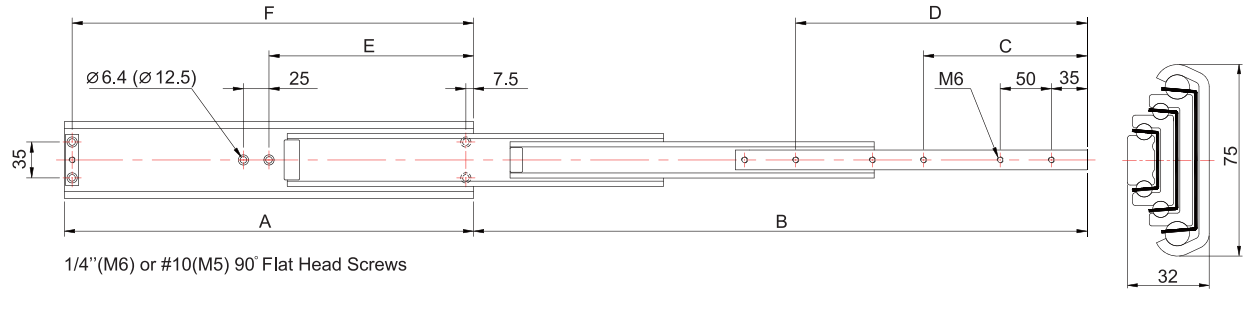 Drawer slide 4-part 75 mm