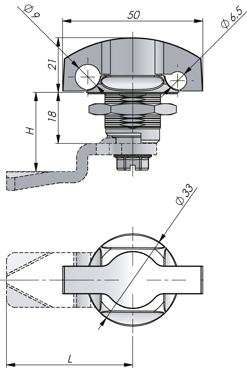 Kvartsvarvsvingvred, rostfritt stål, 18 mm Kvartsvarvsvingvred, rostfritt stål, 18 mm