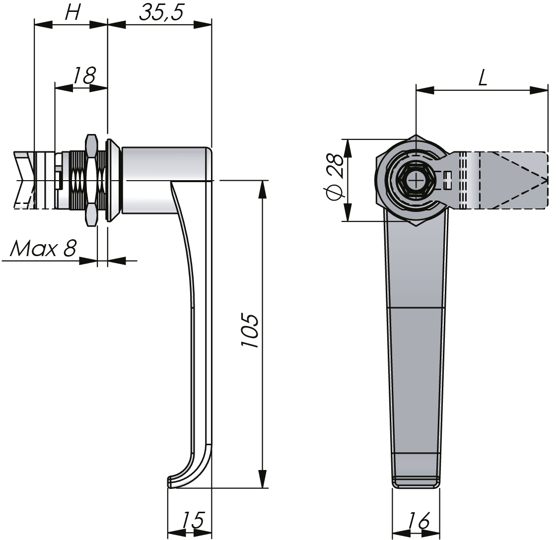 Poignée quart de tour en L Inox 18 mm Poignée quart de tour en L Inox 18 mm