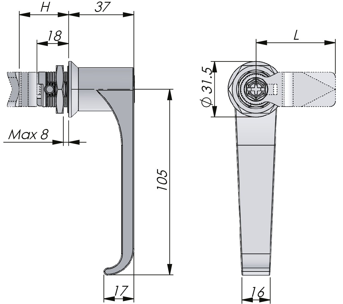Quarter-turn L-handle Stainless Steel 18 mm