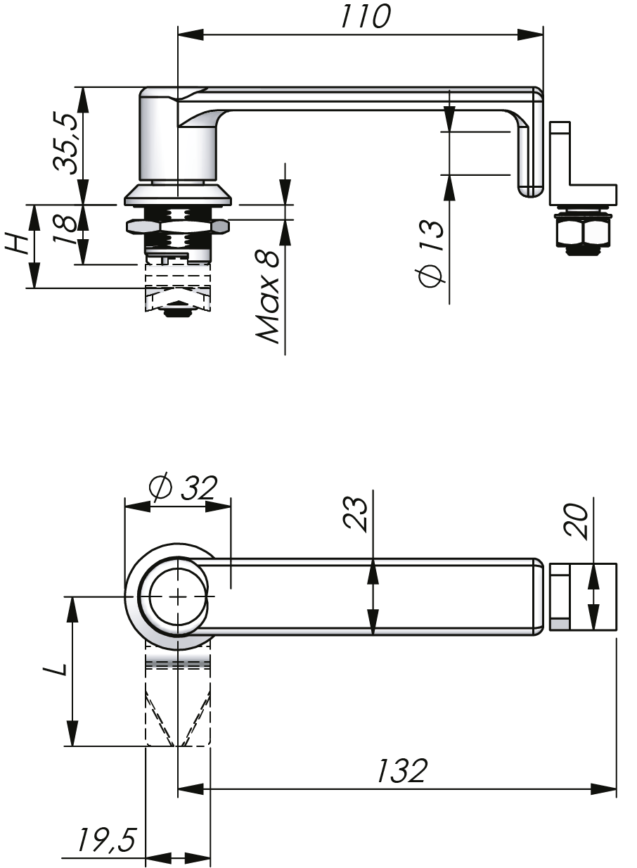 Poignée quart de tour en L Inox 18 mm Poignée quart de tour en L Inox 18 mm