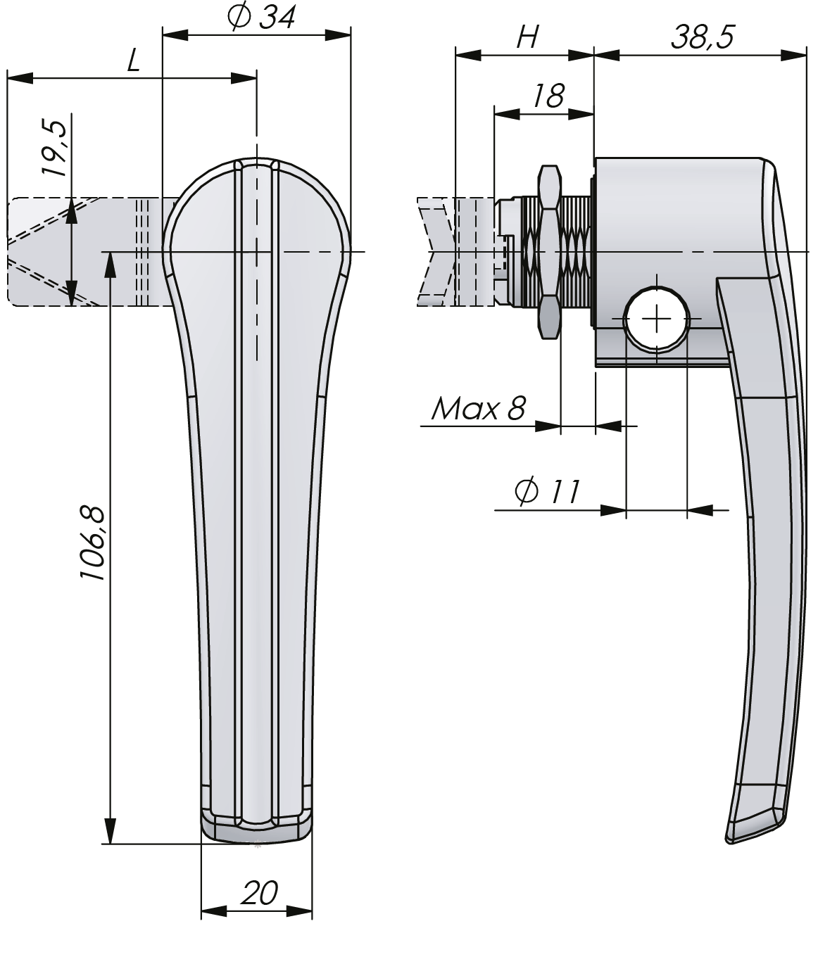 Poignée quart de tour en L Inox 18 mm Poignée quart de tour en L Inox 18 mm