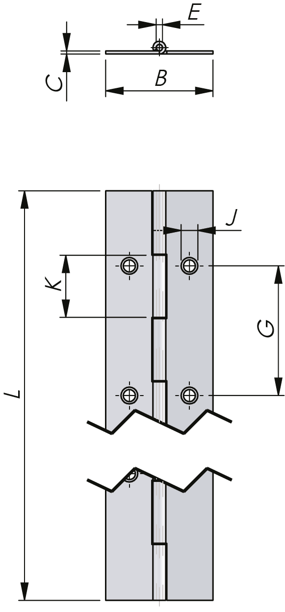 Bisagra continua de acero inoxidable Bisagra continua de acero inoxidable